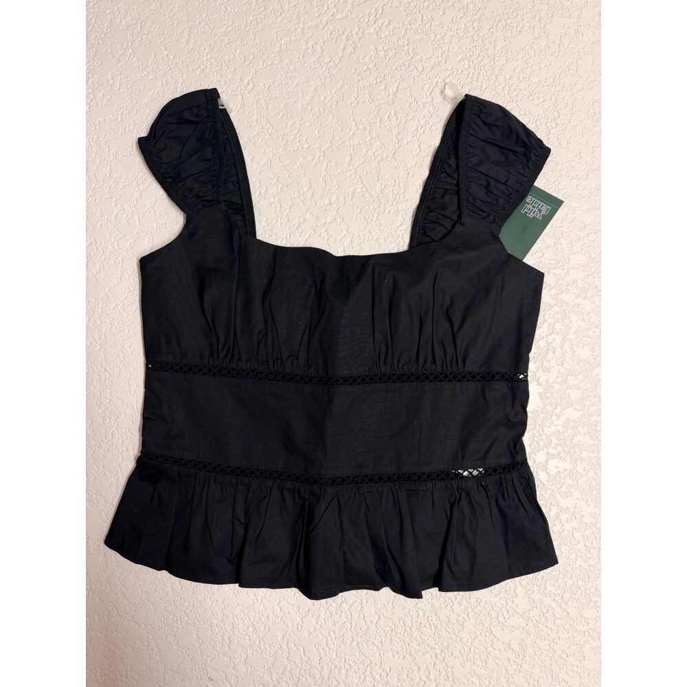 Wild Fable Black Peplum Top Square Neck Ruched Sleeve NWT